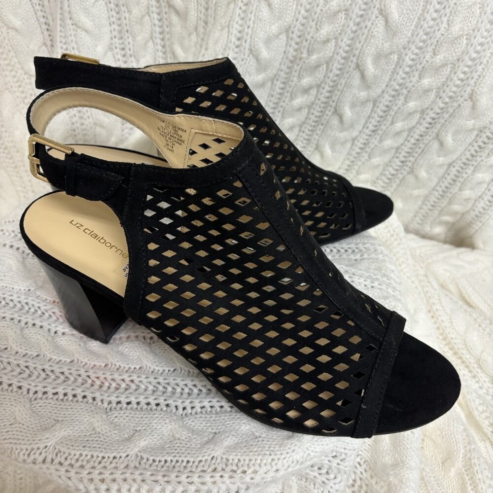 Liz Claiborne Gemma Block Heel Buckle Bootie Sandals 10M BLACK